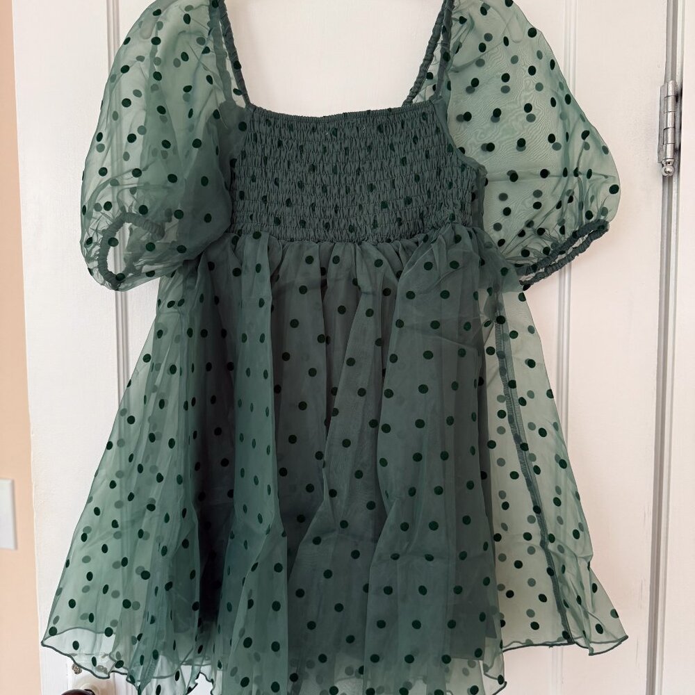 NWOT Vada Winter Everly Babydoll Puff Sleeve Blouse Polka Dot Green Black Size S - Picture 4 of 5